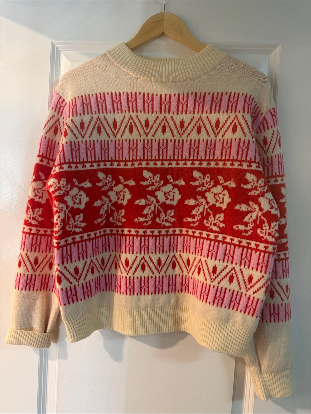 Cream Crewneck Sweater with Red Floral Fair Isle Pattern